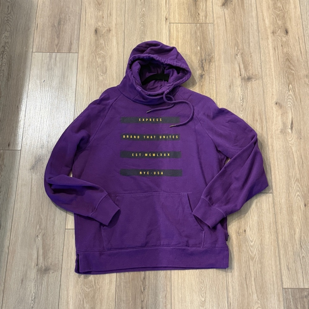 Express Men’s Pullover Hoodie Size L Purple Graphic Logo Hooded Sweatshirt